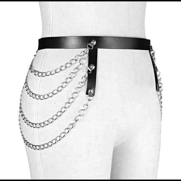 Black Leather Waist Harness Belt w/ Chain